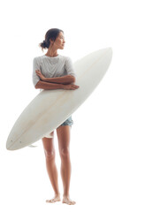 Woman with surfboard isolated on transparent background
