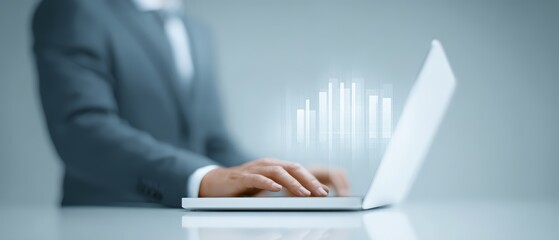 Businessman Using Laptop to Analyze Data with Digital Graphs and Financial Insights in Modern Office Environment