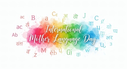 Abstract pastel art with “International Mother Language Day” handwritten across watercolor splashes. Dreamy supportive style