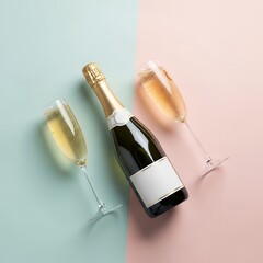 Elegant Champagne Bottle and Flutes on Pastel Split Color Background