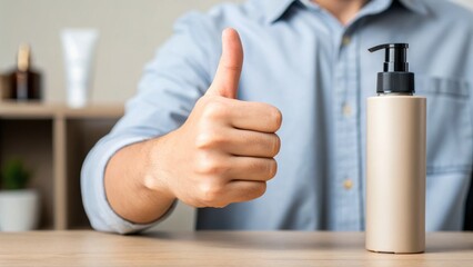 Micro Influencer Marketing A person gives a thumbs up next to a bottle of skincare product on a wooden table.