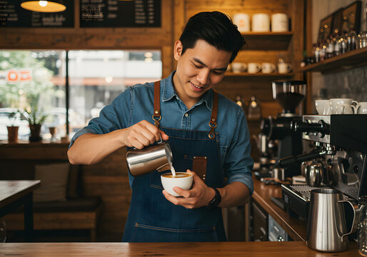 Smiling Barista Pouring Milk into Coffee, Craft Coffee Shop