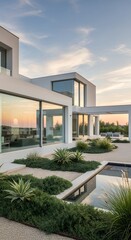 Modern White House with Minimalist Garden and Water Feature at Sunset