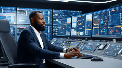 Man in suit working at a high-tech control station with multiple monitors displaying data and analytics