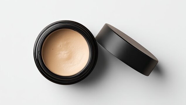 Open jar of light beige cream cosmetic product on white background