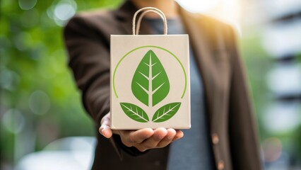 Micro Influencer Marketing Eco-friendly shopping bag held by a person in a suit, symbolizing sustainability and green living.