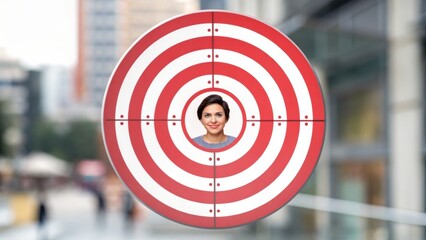 Micro Influencer Marketing Target sign featuring a woman's face in an urban setting with red and white concentric circles.