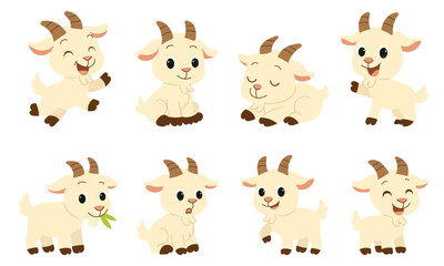 Collection of Cute Cartoon Goats in Various Poses. Hand drawn Vector Art