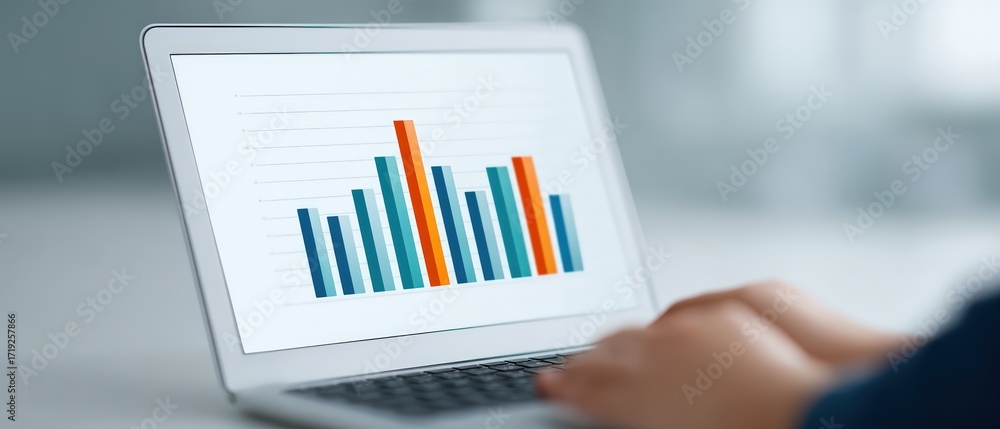 Aufkleber trend analysis and data visualization on laptop screen with colorful bar charts in modern workspace
