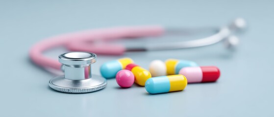 Colorful Pills and Stethoscope on Blue Background for Health and Medical Concepts