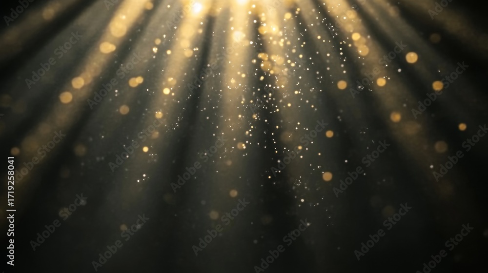 Poster golden streams illuminate the dark abyss with sparkling particles dancing in heavenly light