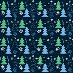 Seamless Christmas Tree Pattern with Snowflakes and Stars on Dark Blue Background
