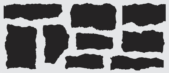 Eight irregular black paper fragments are positioned against a soft gray background, creating a modern texture