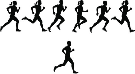 Running silhouettes, male and female, athletic motion, jogging cycle, sports biomechanics, fitness concept, isolated profile, dynamic stride, training posture, sprint phases