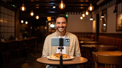 Micro Influencer Marketing A man enjoys a meal while recording himself in a cozy restaurant setting.