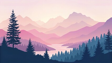 Colorful minimalist gradient mesh background showcasing mountains, trees, and a river at sunrise in a serene natural landscape
