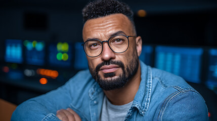 Man with glasses and beard in a control room with illuminated screens in the background
