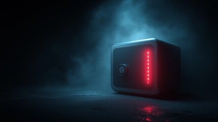 Advanced Security Safe with Vertical Red Light Segments and Circular Biometric Lock Interface in Dramatic Blue Mist Atmosphere for Depicting Modern Protection and Technological Confidentiality