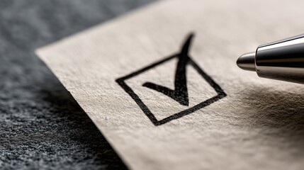 Marked Checkbox with Bold Black Lines and Neatly Placed Checkmark beside Metallic Pen Tip on Textured Paper for Representing Task Completion, Formal Approval, and Decisive Confirmation