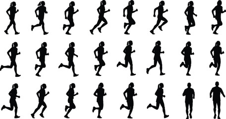 Running silhouettes, stride phases, motion sequence, athletic posture, sports biomechanics, jogging cycle, human locomotion, fitness movement, dynamic form,