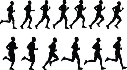 Running silhouettes, motion sequence, athletic stride phases, human biomechanics, sports training concept, sprint posture, exercise movement, dynamic runner illustration, fitness, speed