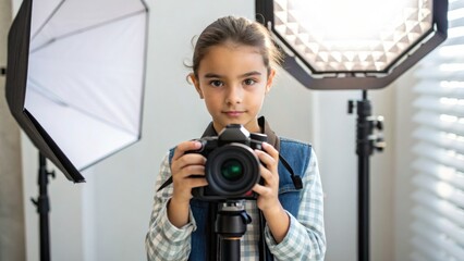 Micro Influencer Marketing A young girl poses with a camera in front of studio lights, showcasing her interest in photography.