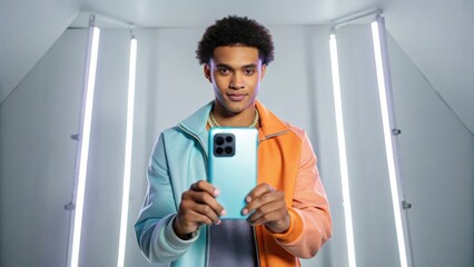 Micro Influencer Marketing A young man takes a selfie in a brightly lit modern setting, showcasing a stylish phone.