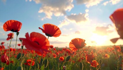 Fototapeta premium Vivid red poppies sway gently in a sun-drenched field, creating a breathtaking natural spectacle at sunset