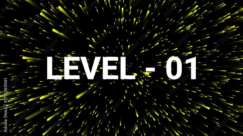 Poster dynamic level one intro animation with yellow particle burst on black background. 4k text animated v