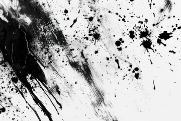 Abstract monochrome artwork featuring dynamic black ink splatters and streaks on a white background, creating a textured and expressive composition