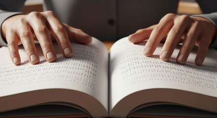 Close-up view of hands softly reading a special Braille book. Educational awareness concept
