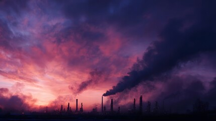 Industrial refinery complex emitting smoke under a dramatic colorful sunset sky