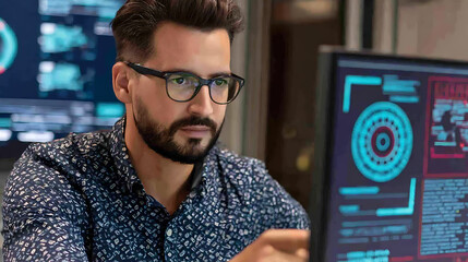 Man with glasses analyzing data on computer screens in a high-tech workspace