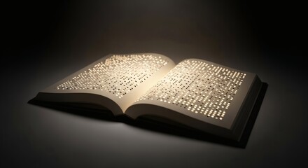 Cinematic wide angle shot of a glowing open Braille book. Symbolic awareness theme