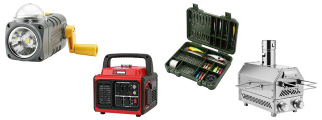 Collection of outdoor recreation and emergency preparedness gear.