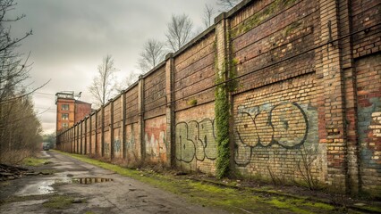 Old brick factory wall with street art nestled in overgrown path on a cloudy day