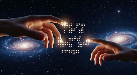 Surreal 3D render of hands reaching towards glowing Braille dots floating in space. Symbolic awareness concept