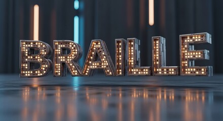 Cinematic 3D floating letters forming “Braille” with embossed dots glowing in gold. Futuristic accessibility theme