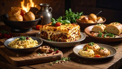 Indulge in a hearty, delicious lasagna dinner spread with fresh pasta and crusty bread, perfect for cozy family gatherings or elegant entertaining by a warm fireplace.