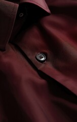 Close-up of a dark-red, button-down shirt's collar and placket, showcasing the fabric's texture and subtle sheen.  The focus is sharp on the button and surrounding area