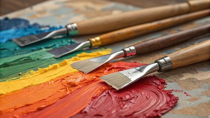Obraz premium Palette knife paint smears showcasing vibrant colors on a textured surface in a creative workspace