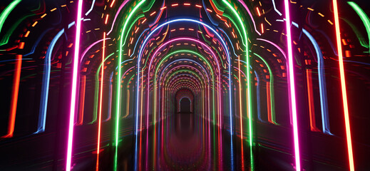 Glowing neon lines and tunnel, Sci Fi neon glowing lines