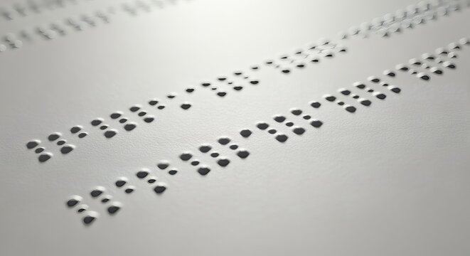Realistic photostock-style close-up of embossed Braille dots on a white paper. Tactile emphasis concept