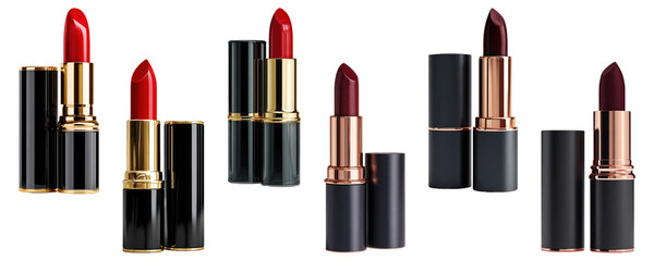Obraz premium Collection of luxurious deep red and burgundy lipsticks in elegant packaging.