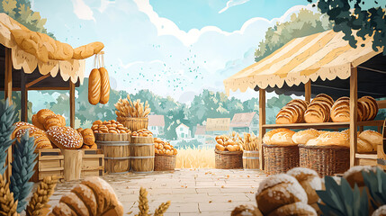 A picturesque bakery scene with a variety of fresh bread displayed under striped awnings, showcasing the art of baking in a charming village setting