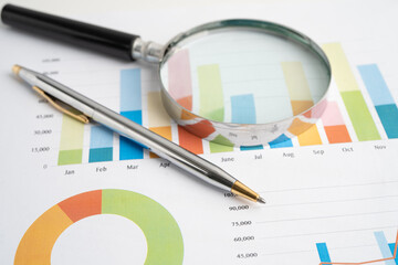 Magnifying glass on data business graphs paper.