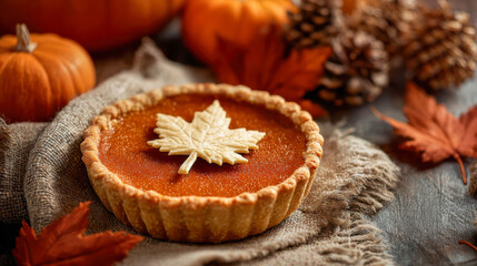 Mini pumpkin pie decorated with a maple leaf for Thanksgiving celebration