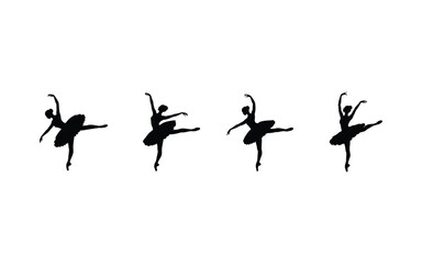 Four ballet dancer silhouettes in arabesque pose against a plain white background space