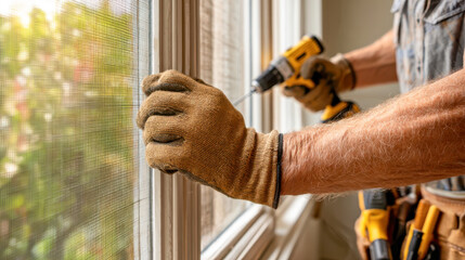 Handyman installing mosquito net using electric screwdriver on window frame