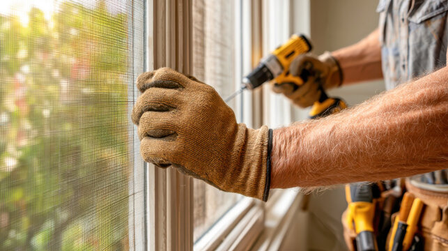 Handyman installing mosquito net using electric screwdriver on window frame